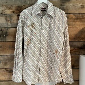 7 Diamonds cream striped retro button down shirt with red embroidery - L